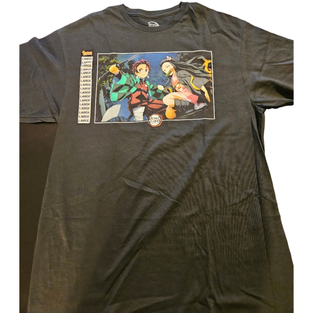 black Demon Slayer anime graphic t-shirt featuring Tanjiro and Nezuko Kamado
